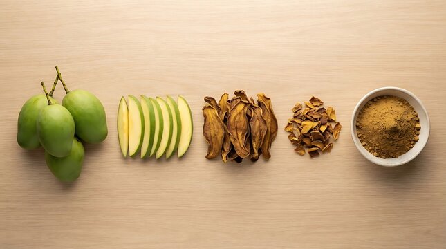 Fresh green mangoes, sliced fruit, dried mango strips, and mango powder on wooden table.