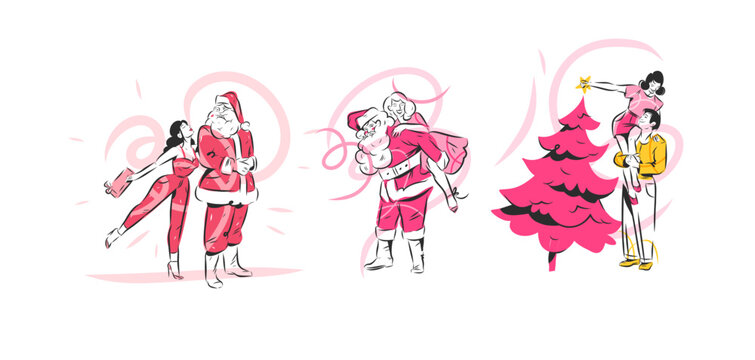 Christmas Couples and Santa Claus Vector Set, Woman with Gift, Decorating Christmas Tree, Romantic Holiday People, Christmas Shopping, Sale and Celebration