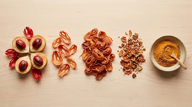 Nutmeg and mace spice progression from whole fruit to ground powder on wooden background