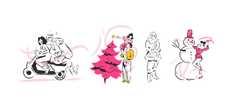 Christmas People and Santa Claus Vector Set, Hand Drawn Winter Holiday Characters with Christmas Tree, Snowman, Scooter and Happy Couple Festive Illustration Collection