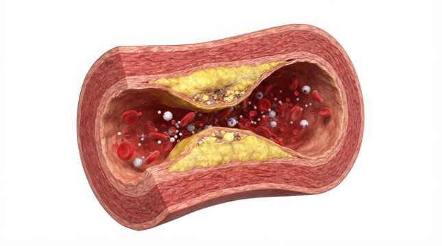 Illustration showing a blocked human artery with cholesterol buildup and plaque causing restricted blood flow inside a vessel