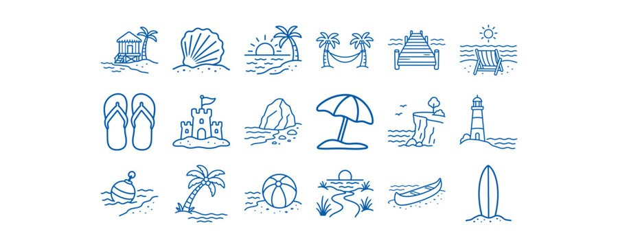 Collection of blue hand drawn summer beach and tropical vacation icons on white background.