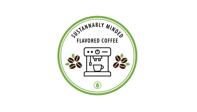 Circular logo design for sustainably minded flavored coffee featuring a coffee machine icon and roasted beans.