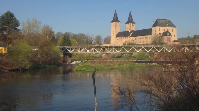 Rochlitz Castle and railway bridge over the Zwickauer Mulde River in Saxony, Germany