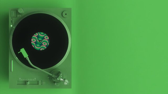 Top View of Spinning Vinyl on Futuristic Green Record Player