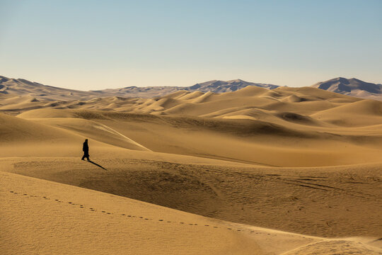 Man walking on a sand dune in the desert, North Africa, Erg Admer, Algeria