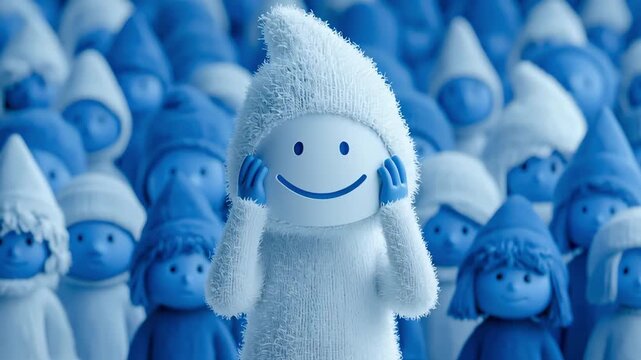 Playful white mascot with a big smile and a fluffy hat dancing happily in a sea of identical blue figures. Individuality and positivity concept expressed through a cute, joyful character