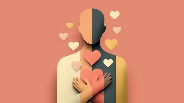 Minimalist paper cut style animation showing a person hugging a heart, surrounded by floating hearts, representing self care, mental wellbeing, emotional health, and universal love