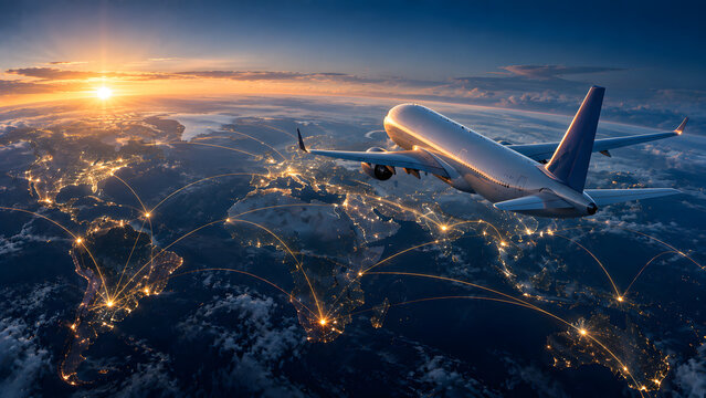 Commercial Airplane Flying Above Earth With Global Connections