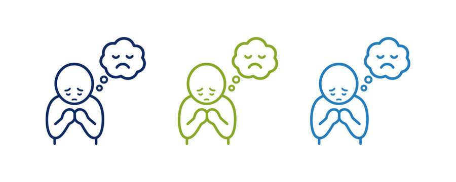Sad person icon set representing depression mental health and negative thoughts.