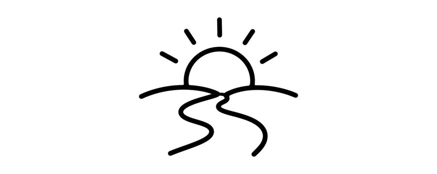 Minimalist black line art icon of a rising sun over hills and a winding path.