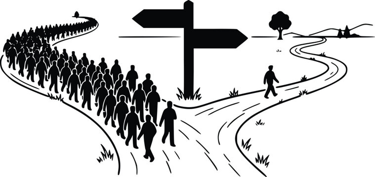 Leader choosing different path than large crowd showing business metaphor of innovation courage independence and unique personal success strategy direction