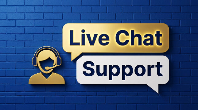 Golden customer service headset icon and speech bubbles with "Live Chat Support" on blue brick wall