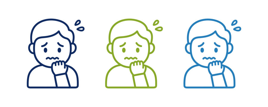 Set of three anxious man icons showing stress and worry in different colors.