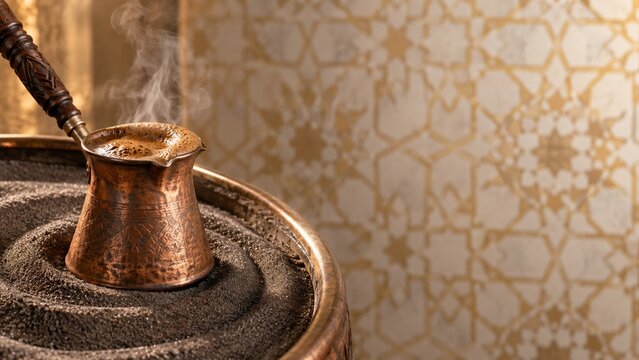 Traditional handcrafted copper pot brewing hot steaming coffee over glowing charcoal brazier with intricate design