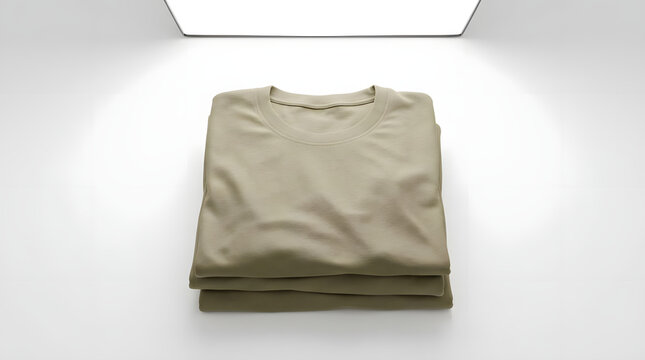 Folded olive green cotton t-shirt under overhead light.