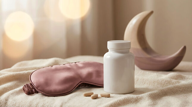 Sleep aid supplement bottle with pink eye mask on soft cozy bed linens