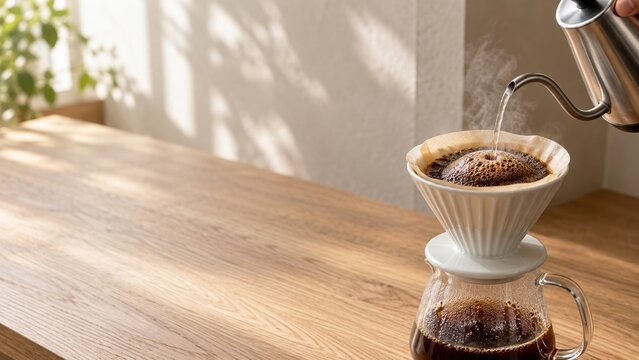 Pouring hot water over coffee grounds in drip coffee maker on glass carafe with natural light on wooden table