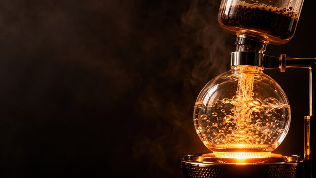 Close up of siphon coffee maker brewing fresh hot coffee with glowing light and steam vapor