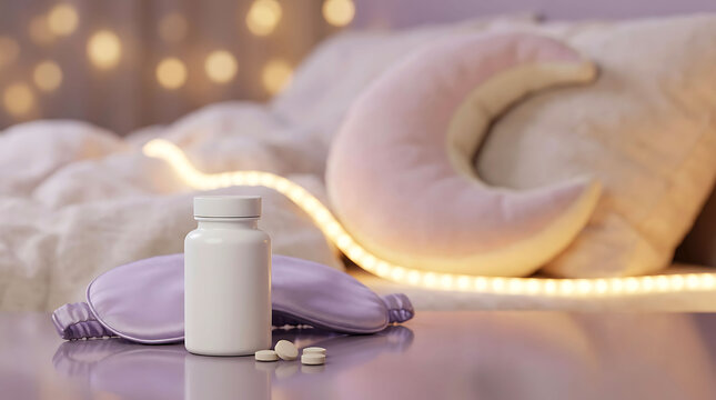 Sleep aid pills bottle, sleeping mask and moon pillow on bedroom background