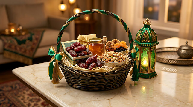 Elegant Ramadan gift basket, a festive collection of dates, nuts, and honey, perfect for Eid al-Fitr celebrations and Iftar gatherings, featuring traditional Middle Eastern treats and a glowing