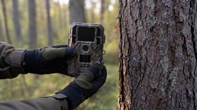 Mano ajustando c&aacute;mara silvestre al tronco del bosque