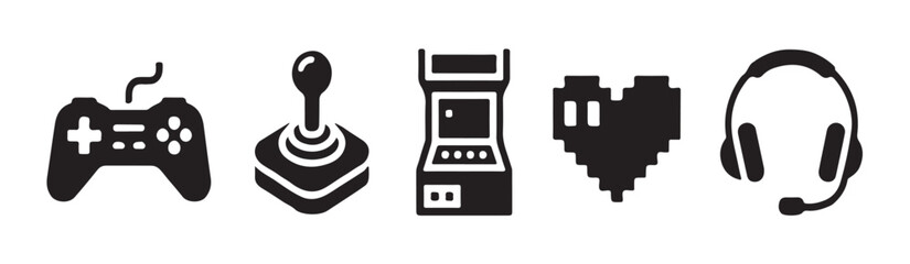 Classic game controllers arcade cabinet and headset icons for digital entertainment and computer gaming setups. © RANA
