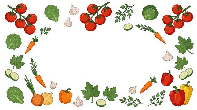 Fresh garden vegetables and fruits arranged in a decorative circular frame