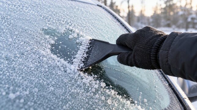 Mano raspando escarcha del parabrisas durante ma&ntilde;ana invernal