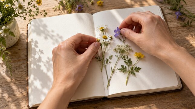 Manos colocando flores silvestres sobre p&aacute;ginas de cuaderno