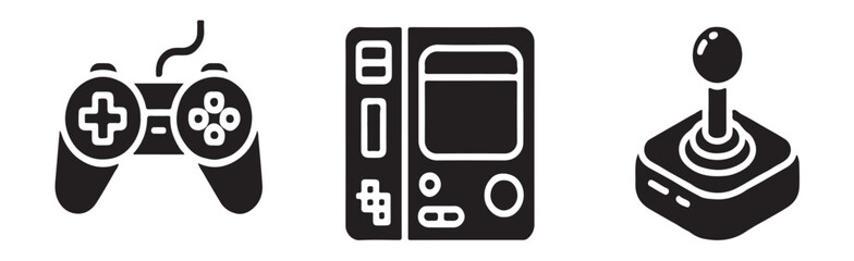 Video game controllers and arcade joystick silhouettes representing retro gaming consoles for entertainment needs. © RANA