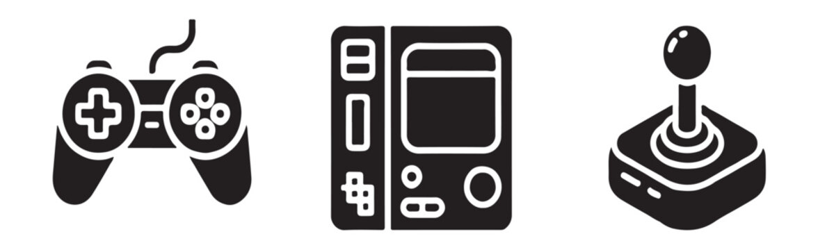 Video game controllers and arcade joystick silhouettes representing retro gaming consoles for entertainment needs.