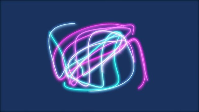 Neon light scribble animation, glowing pink and blue tangled lines on dark background, abstract electric energy motion graphic