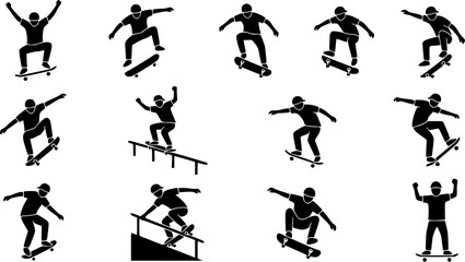 Fototapeta premium Skateboarding Silhouette Icon Set – Tricks & Extreme Action Vector Bundle. Black flat clipart for action sport and extreme sport brands, editable scalable icons, commercial stock use.