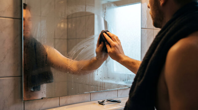 Man wiping steam from bathroom mirror after shower, morning grooming routine concept.