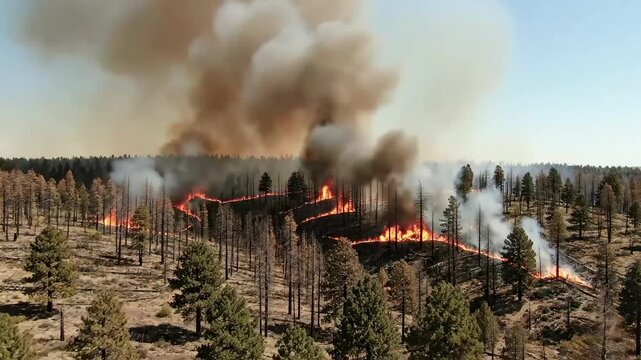 Aerial view of a raging wildfire spreading across a pine forest on a hillside with massive smoke plumes rising into the clear sky during a drought.