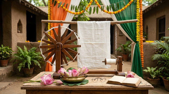 Wooden charkha spinning wheel with khadi cloth