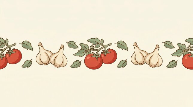 Vintage botanical illustration of tomatoes garlic and herbs on a cream background
