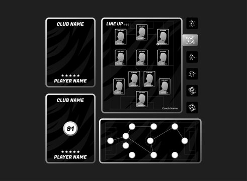 Modern dark football lineup and player card template featuring team formations, player ratings, tactical diagrams, and squad management elements