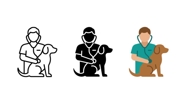 Veterinarian examining a dog icon set with veterinarian