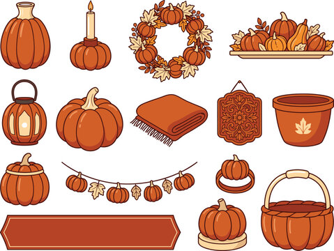 Set of cute autumn harvest elements featuring pumpkins, a festive wreath, cozy blanket, lantern, and decorative basket for seasonal Thanksgiving and Halloween holiday celebration design projects colle