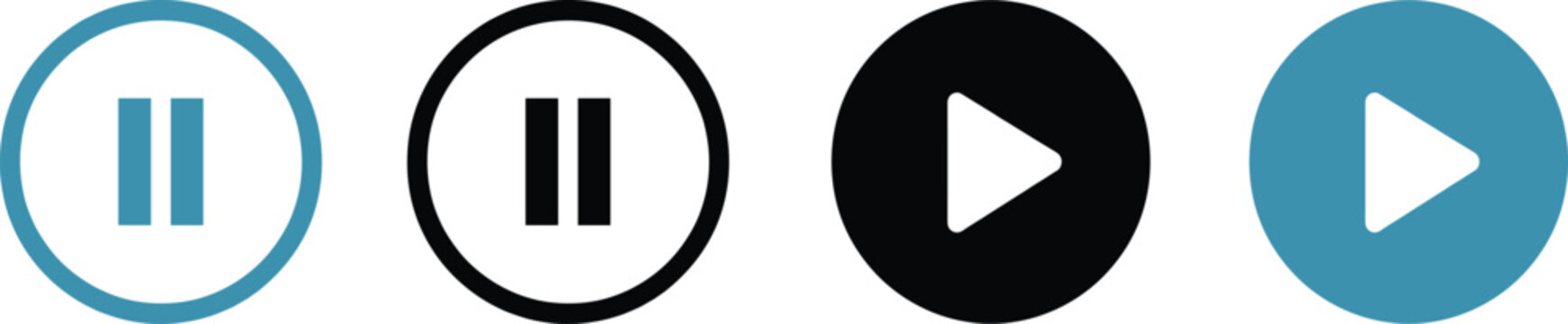 Play and pause media control buttons in circular frames with blue and black color variations