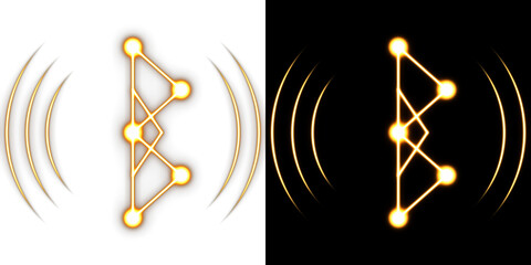 Glowing golden letter b icon with connected dots and circular radio wave signals for modern tech and digital branding © Nusrat