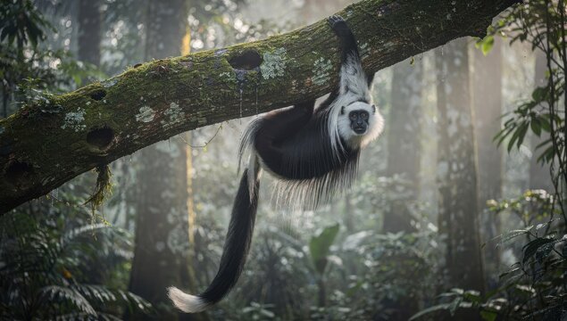 Black and white colobus monkey hangs upside down from a mossy tree branch inside a misty tropical rainforest.