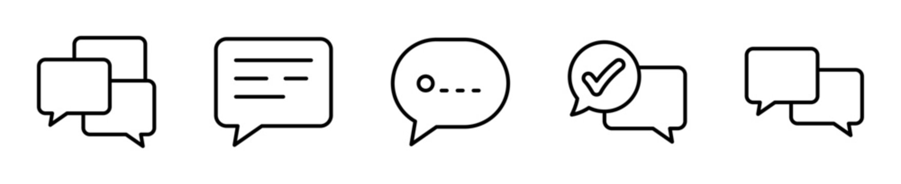 Set de 5 iconos de chat y mensaje. Chat grupal, burbuja de chat, escribiendo, verificaci&oacute;n de mensaje y doble burbujas de conversaci&oacute;n. Dise&ntilde;o vectorial lineal