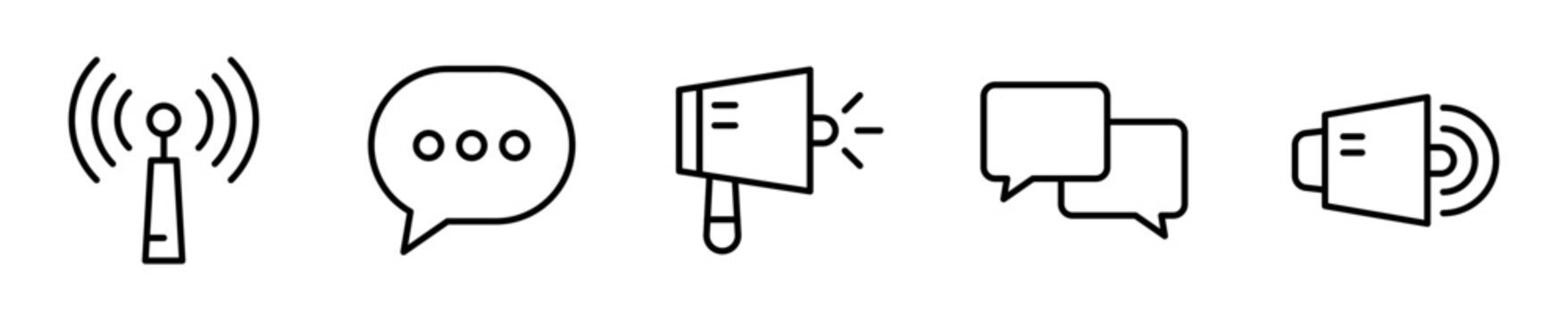Set de 5 iconos de comunicaci&oacute;n. Antena de se&ntilde;al, burbuja de mensaje, meg&aacute;fono anunciando, dos burbujas de di&aacute;logo y bocina con ondas. Dise&ntilde;o vectorial lineal