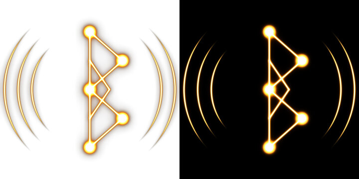 Glowing golden letter b icon with connected dots and circular radio wave signals for modern tech and digital branding