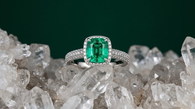 A beautiful diamond halo engagement ring with a large cushion-cut green emerald stone, resting on white quartz crystals.
