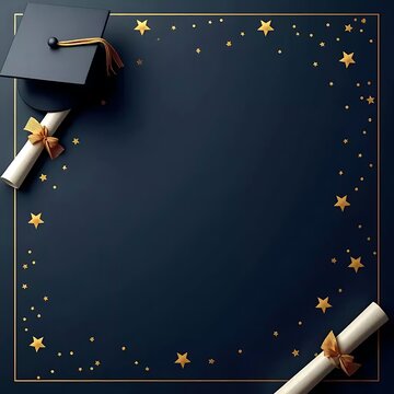 Elegant graduation background with mortarboard and diploma, navy blue academic frame with gold stars, celebratory education border