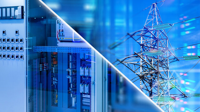 Power transmission. Electrical infrastructure connects substation control equipment with high-voltage transmission lines for reliable electricity distribution and grid operation.